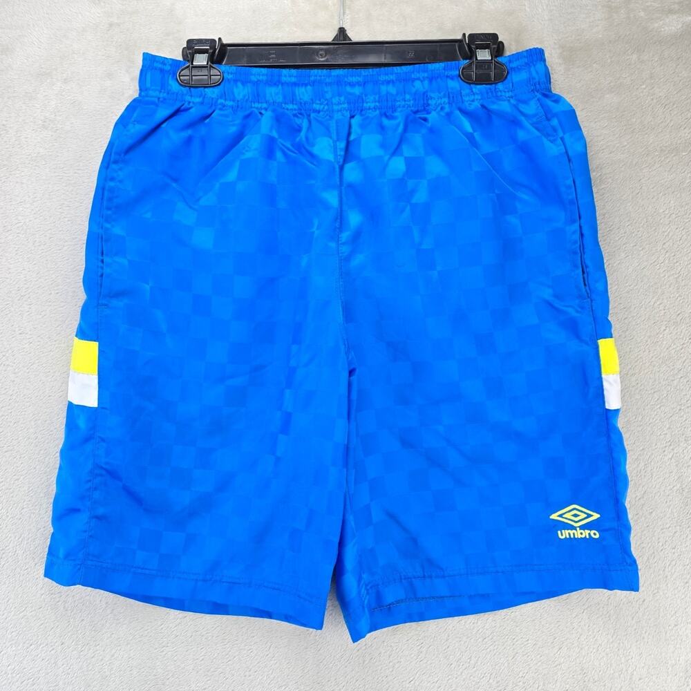 Umbro Premiere Nylon Soccer Shorts Medium Blue Green Checkered Futbol *STAINS*